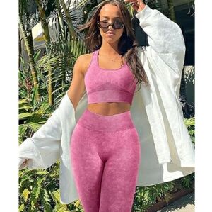 Women Workout Set Seamless High Waist Legging Padded Racerback Sports Bra Pink